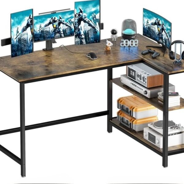 L Shaped Reversible Desk, Gaming Table, Computer Corner Desk, Home Office Writing Desk with Shelf, Space-Saving Workstation Table, 130x50x75 cm, Rustic Brown