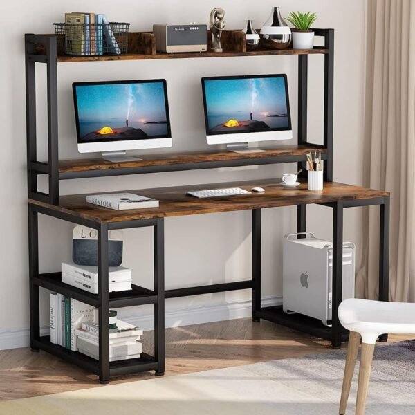Study Desk with Storage Shelves – 140cm Computer Desk with Bookshelf & Side Racks, Rustic Wood & Metal Frame, Writing Table for Home Office, Workstation for Study & Gaming