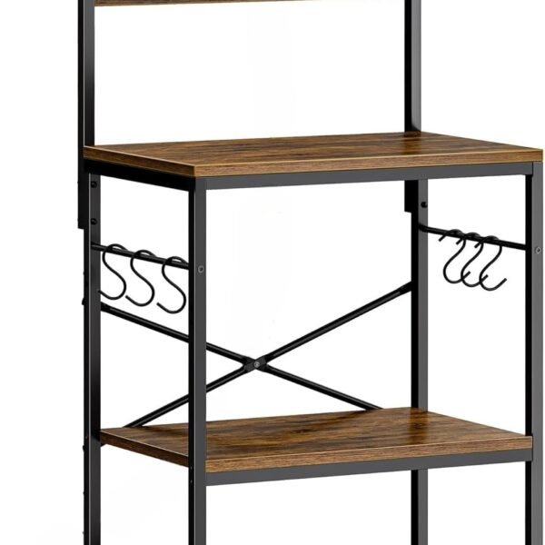 4-Tier Baker’s Rack and Coffee Bar Table, Kitchen Microwave Stand with 6 S-Hooks – Storage Shelf for Spices, Pots, and Pans (Brown)