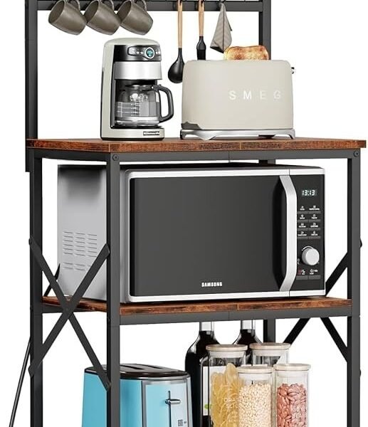Engineered Wood 4-Tier Microwave Stand, Rustic Brown Kitchen Organizer Rack with Storage & Rack for Storage, Storage Shelf Organizer, Kitchen Storage Rack for Home