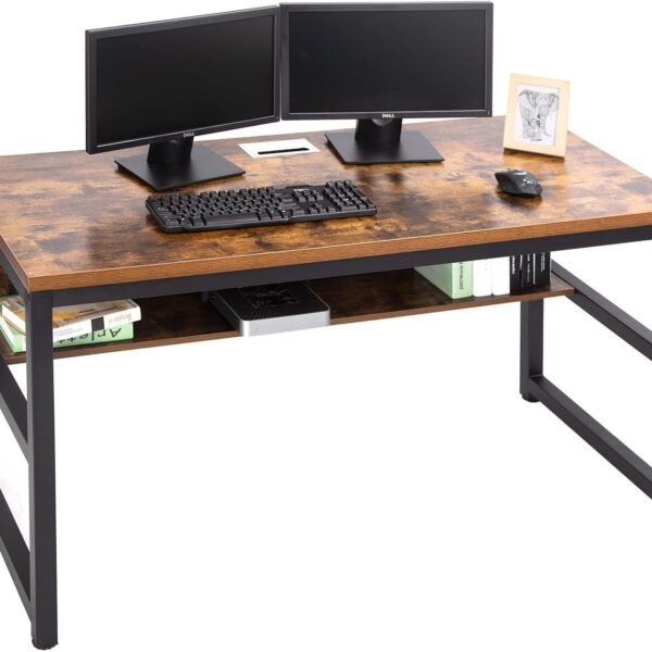 120 cm Study Desk with Under-Desk Shelf – Industrial Computer Table with Storage, Rustic Wood & Black Metal Frame, Writing Desk for Home Office, Study, or Gaming Setup