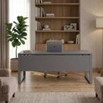 DESKIZIA Executive Desk for Office | Matte Grey Engineered Wood Table with 30 cm Modesty Panel | Heavy Duty Metal Frame | Workstation Table for Home & Office 150×70x75 cm
