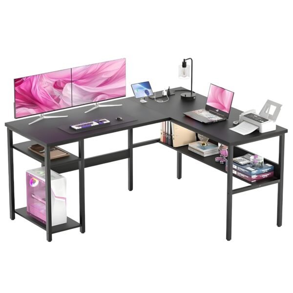 Deskizia L Shaped Office Desk with Storage Shelf | Wooden Study Table for Home | Computer Table for Home PC | Corner Workstation for Laptop & PC | Space Saving Office Setup | Black | 150 x 100 x 75 cm