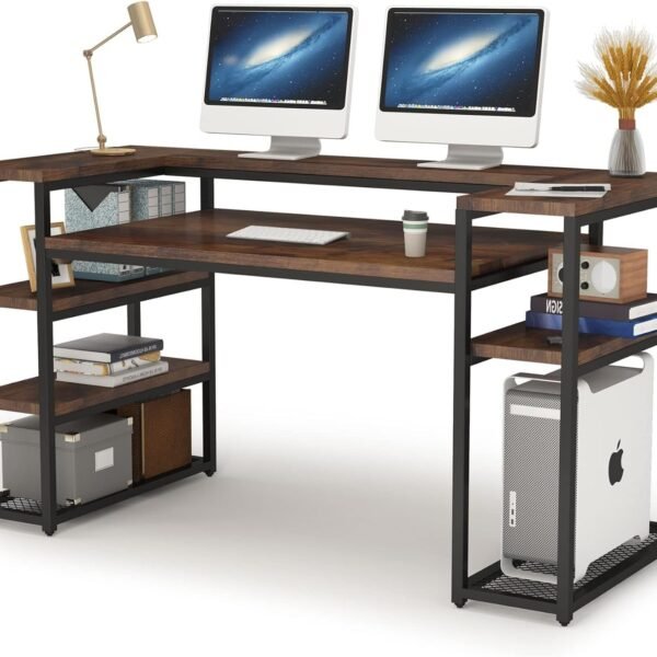 Computer Desk 160 cm with Storage Shelves| Monitor Stand, Home Office Writing Table, Wooden Study Table for Laptop Work at Home| Modern Office Furniture| Brown| 160 x 60 x 90 cm