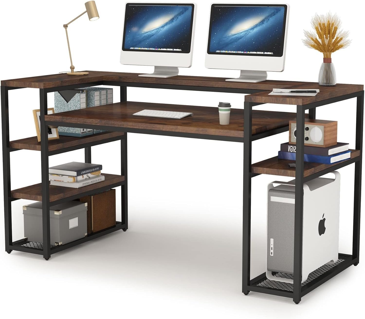 715GyyvggNL._SL1500 Computer Desk with Storage Shelves, 160 cm Long Home Office Writing Desk with Monitor Stand, Study Table for Home Office PC, 160x60x90 cm, Brown - Image 1