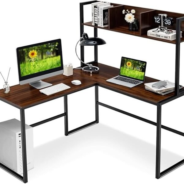 Reversible L-Shaped Desk with Hutch, Space Saving Corner Computer Desk with Storage Shelves, Home Office Study Writing Desk Computer Workstation with Storage Bookshelf_Walnut Brown