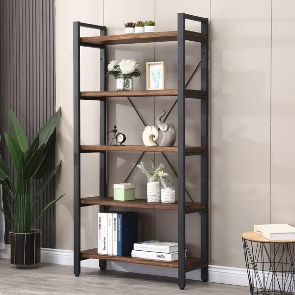5-Tier Bookcase, Industrial Bookshelf with Solid Wood Shelves and Metal Frame, Open Storage Shelf for Home, Office, LivingRoom, Bedroom(Brown)