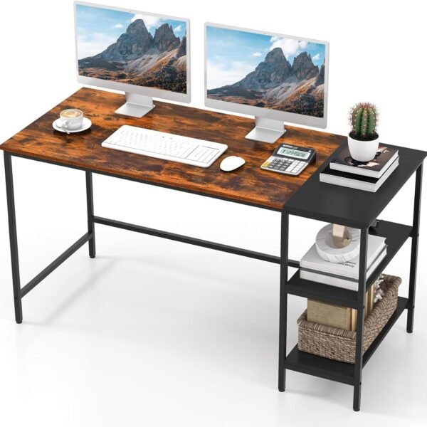 140 cm Computer Desk for Home Office | Study Writing Table with Multi-Storage Shelves |  Study table for home | Gaming Setup | wooden PC Table |  Space-Saving Setup | Brown & Black | 140 x 60 x 75 cm