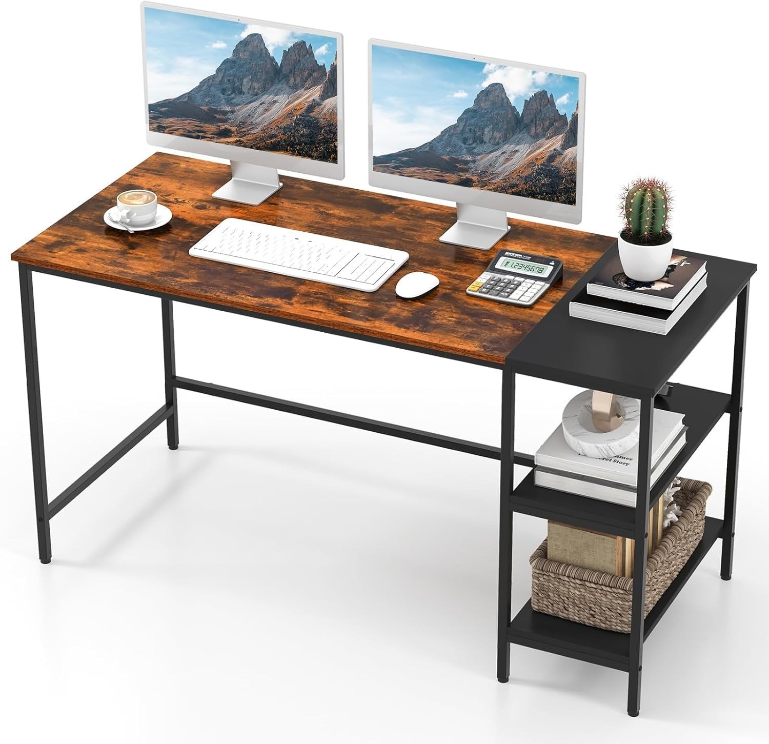 71Eh8Czf3ZL._SL1500 Computer Desk with Multi-Storage Shelves, Study Writing Table, Gaming Desk, Home Office Workstation, Space-Saving Multi-Functional & Sturdy Desk 140x60x75 cm - Brown - Image 1
