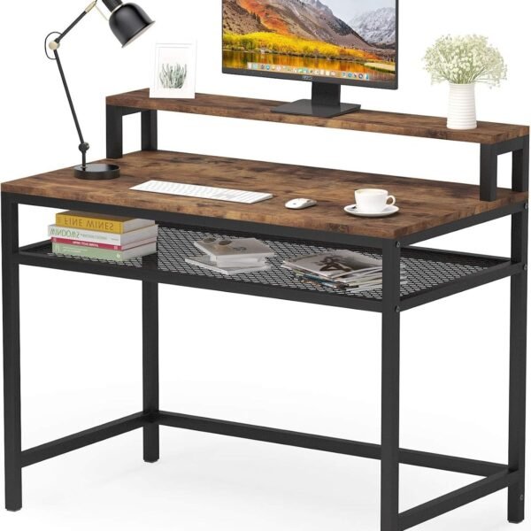DESKIZIA Study Table | Computer Desk with Monitor Stand | Industrial Simple Study Writing Desk with Mesh Storage Shelf for Home Office |120x60x90 cm | Rustic Brown