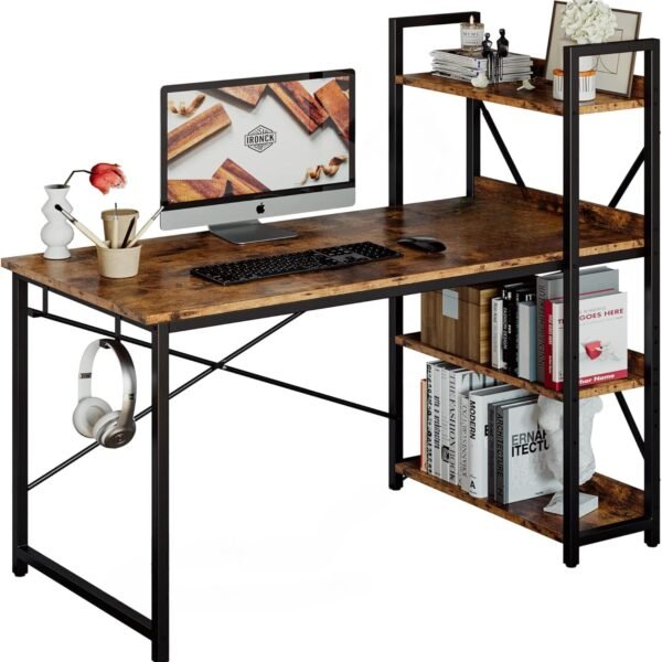 Reversible Desk 120x60 cm – Computer Table with Monitor Stand & Storage with Shelf,Study Table for Home Office, Gaming Workstation for PC – Space-Saving Design