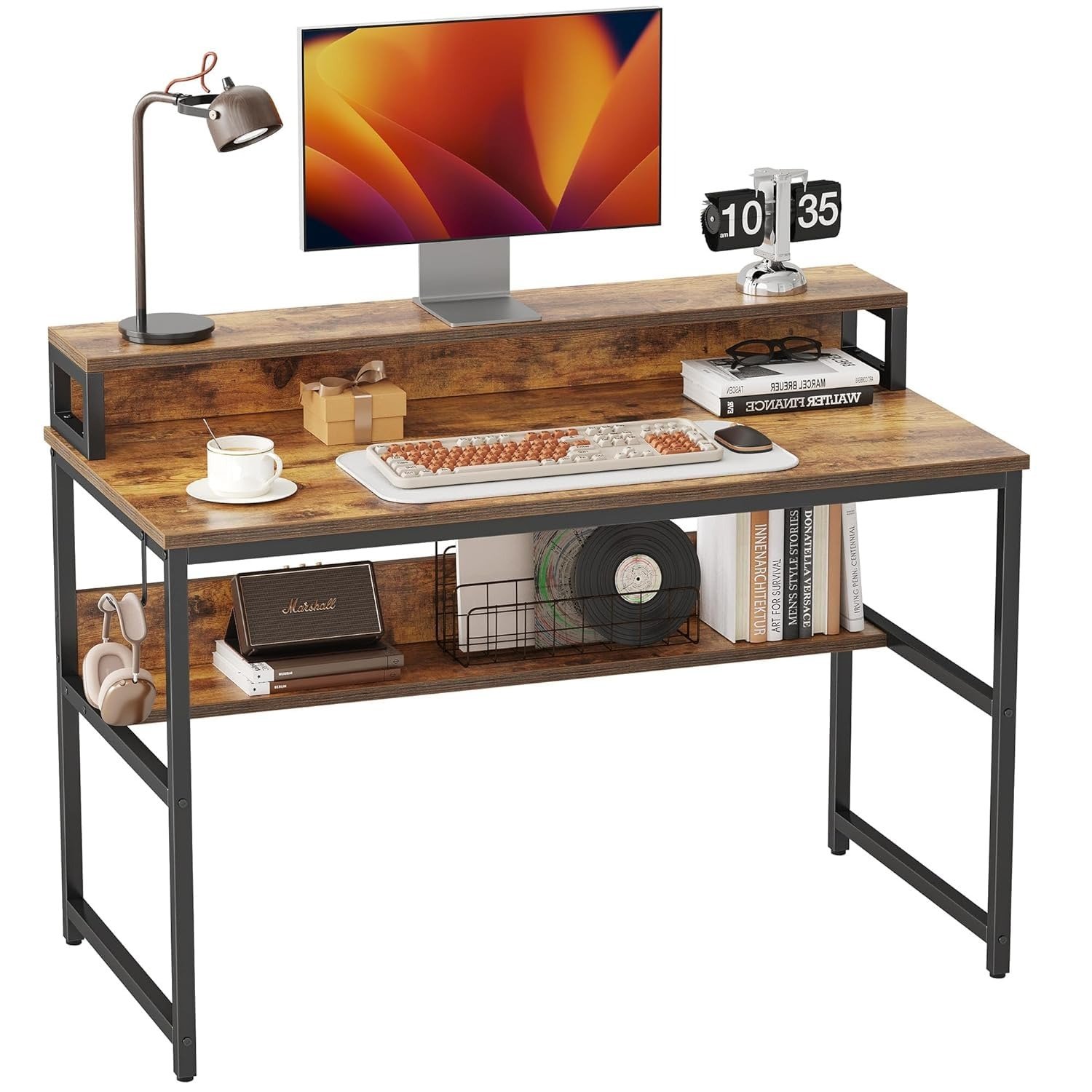 71ZWBQTWZ0L._SL1500 120cm Study Desk with Elevated Monitor Shelf – Rustic Wood and Black Metal Writing Table, Industrial Computer Desk for Home Office, 120x60x87 cm - Image 1