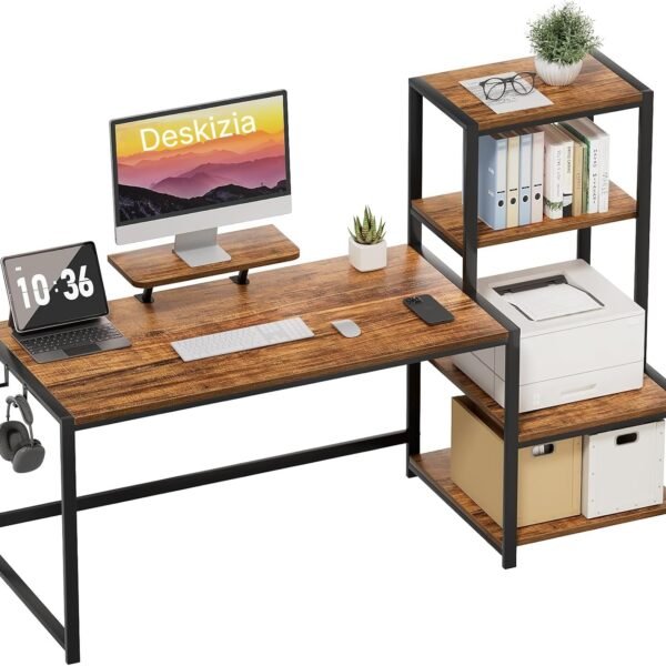 Computer Desk with Printer Shelf & Monitor Stand | Reversible Office Table with Storage | Ergonomic Workstation for Study | Gaming & Home Office Setup | Rustic Brown | 150x60x75 cm