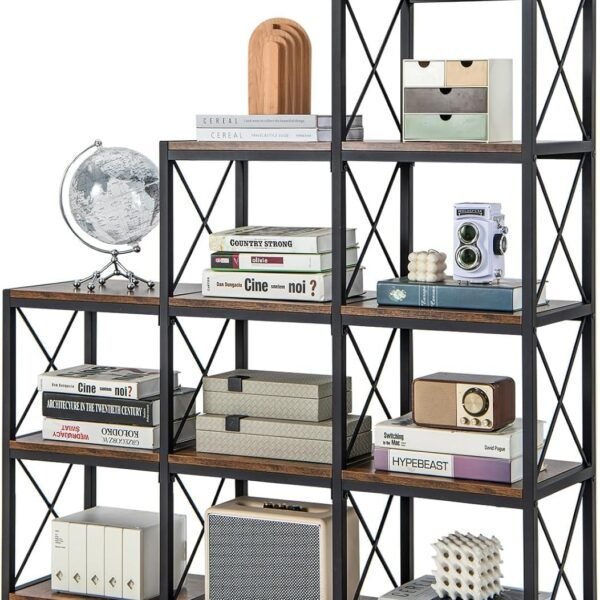 Bookshef for Home, 12 Shelves Stepped Bookshelves, 9 Cubes Bookshelf, 12 Shelves Storage Bookcase Open Display Shelf for Home Office, Brown