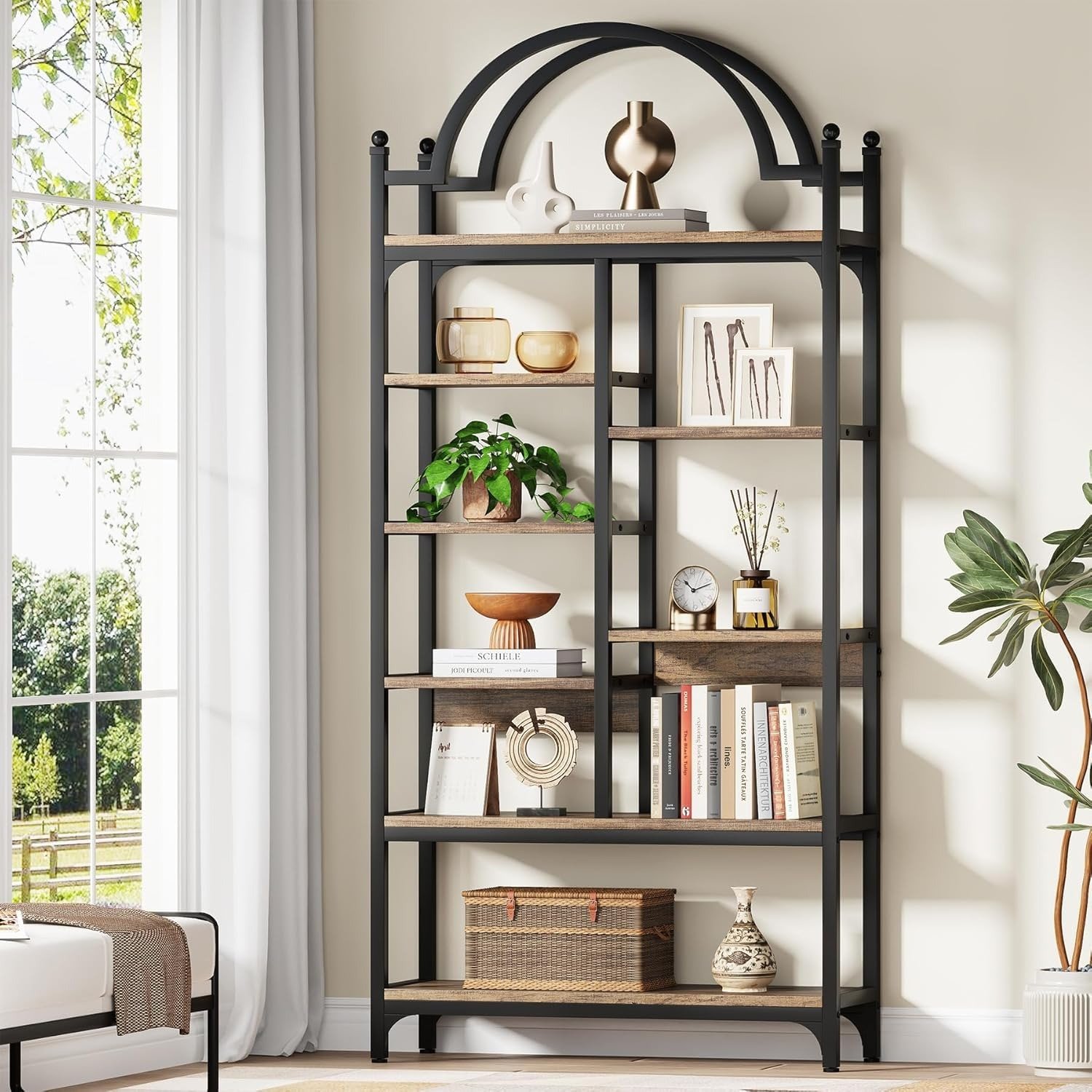 71w0wN3JyIL._SL1500 180 cm Tall Bookshelf, 8-Tier Industrial Arched Etagere Bookcase, Open Display Storage Shelf for Living Room, Bedroom, Home Office, Rustic Brown, (80x30x180 cm) - Image 1