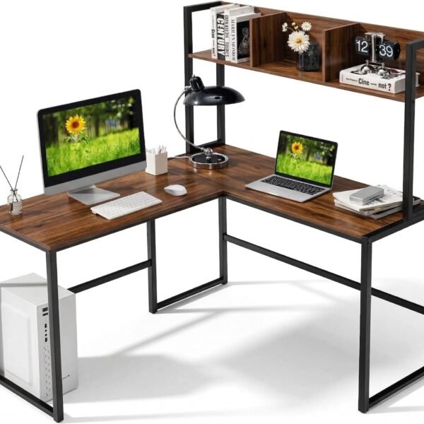 DESKIZIA Office Study Table| Reversible L Shaped Corner Workstation table for home with Hutch| Computer Desk with Storage Shelves & Bookshelf| Rustic Brown & Black | 140 x 50 x 150 CM