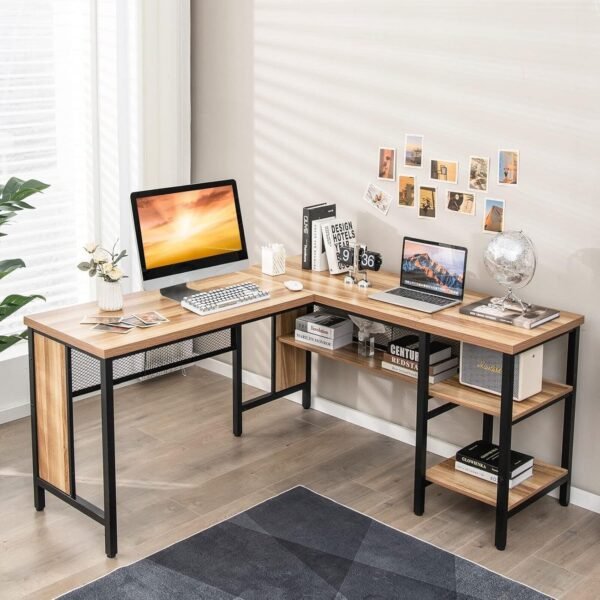 L Shaped Office Table|Wooden Study Table with Bookshelf|Computer Table with Storage Shelves for Home & Office|Corner Workstation Desk for Laptop,Study & Work from Home Setup - 150x140x75 CM