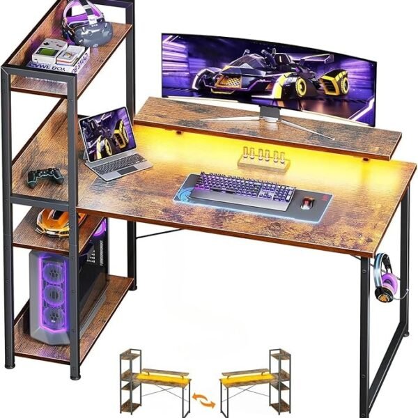 Gaming Desk with Shelves – Reversible Computer Desk with Monitor Stand, Study Writing Table with Storage for Home Office & Gaming Setup – Rustic Brown – 100x50 CM