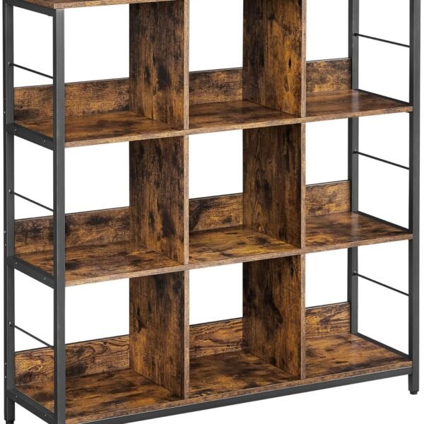 3 Tier Cubical Bookcase, Cube Shelf, Console Table, Bookshelf with 9 Storage Cubes, for Office, Living Room, Bedroom, Industrial Design, 120x30x120 cm, Rustic Brown