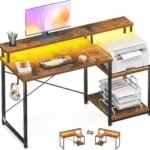 120 cm Long Gaming Desk, Study Table with Monitor Stand, Office Desk with Printer Storage Shelves, Reversible Desk with Monitor Shelf & Headphone Hook, 120x60x87 cm, Rustic Brown