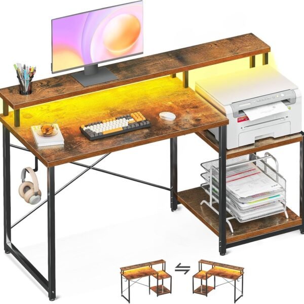 120 cm Long Gaming Desk, Study Table with Monitor Stand, Office Desk with Printer Storage Shelves, Reversible Desk with Monitor Shelf & Headphone Hook, 120x60x87 cm, Rustic Brown