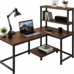 DESKIZIA Reversible L Shaped Computer Desk with Storage Shelves | Wooden Corner Study Table with Black Metal Frame | Home Office Workstation Desk | Table for Computer Setup|130x90x150 cm