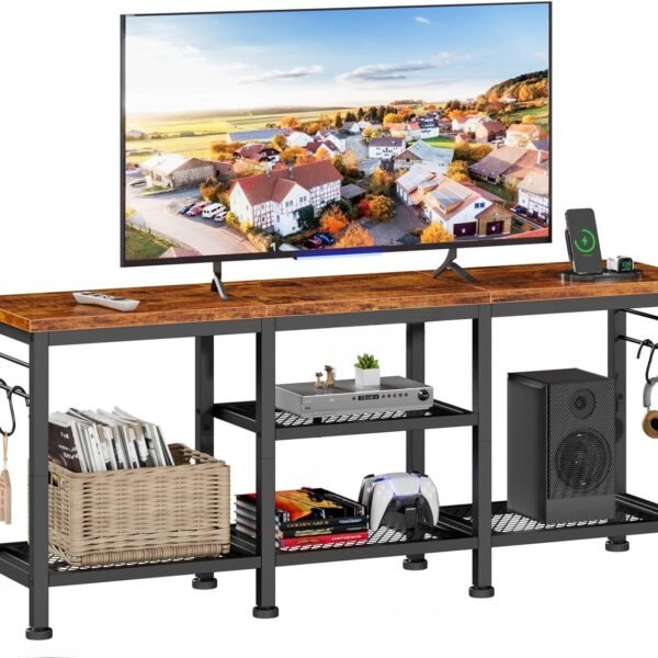 47-inch TV Stand, Industrial TV Console Table with Storage Shelves and Hooks, Entertainment Center with Metal Frame, Media Stand for Living Room – Vintage Brown (120x30x55 cm)