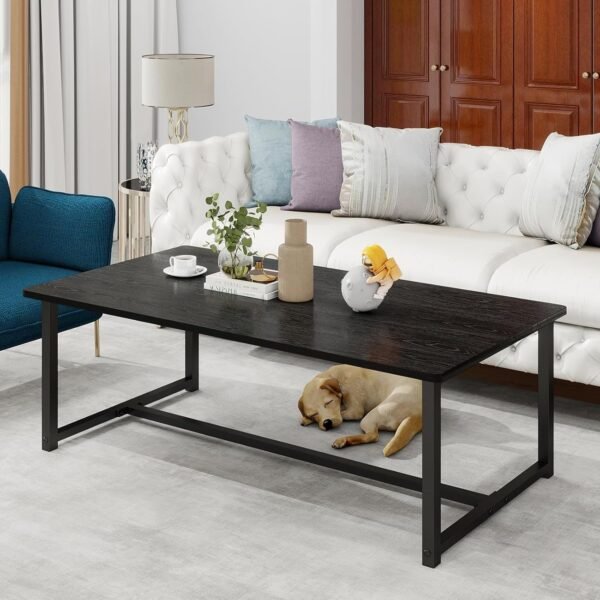 Coffee Table Rectangular Center Table for Living Room Open Space Side Table with Metal Frame, Easy Assembly, Wood Coffee Table, Black, (90x45x42 cm)