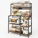 5-Tier Kitchen Storage Rack with Shelves & Hanging Hooks | Heavy Duty Microwave Stand & Coffee Bar Organizer | Rustic Brown Wood & Black Metal Frame | 90x40x150 cm