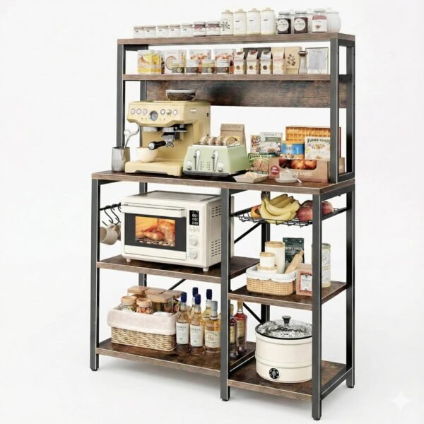 5-Tier Kitchen Storage Rack with Shelves & Hanging Hooks | Heavy Duty Microwave Stand & Coffee Bar Organizer | Rustic Brown Wood & Black Metal Frame | 90x40x150 cm