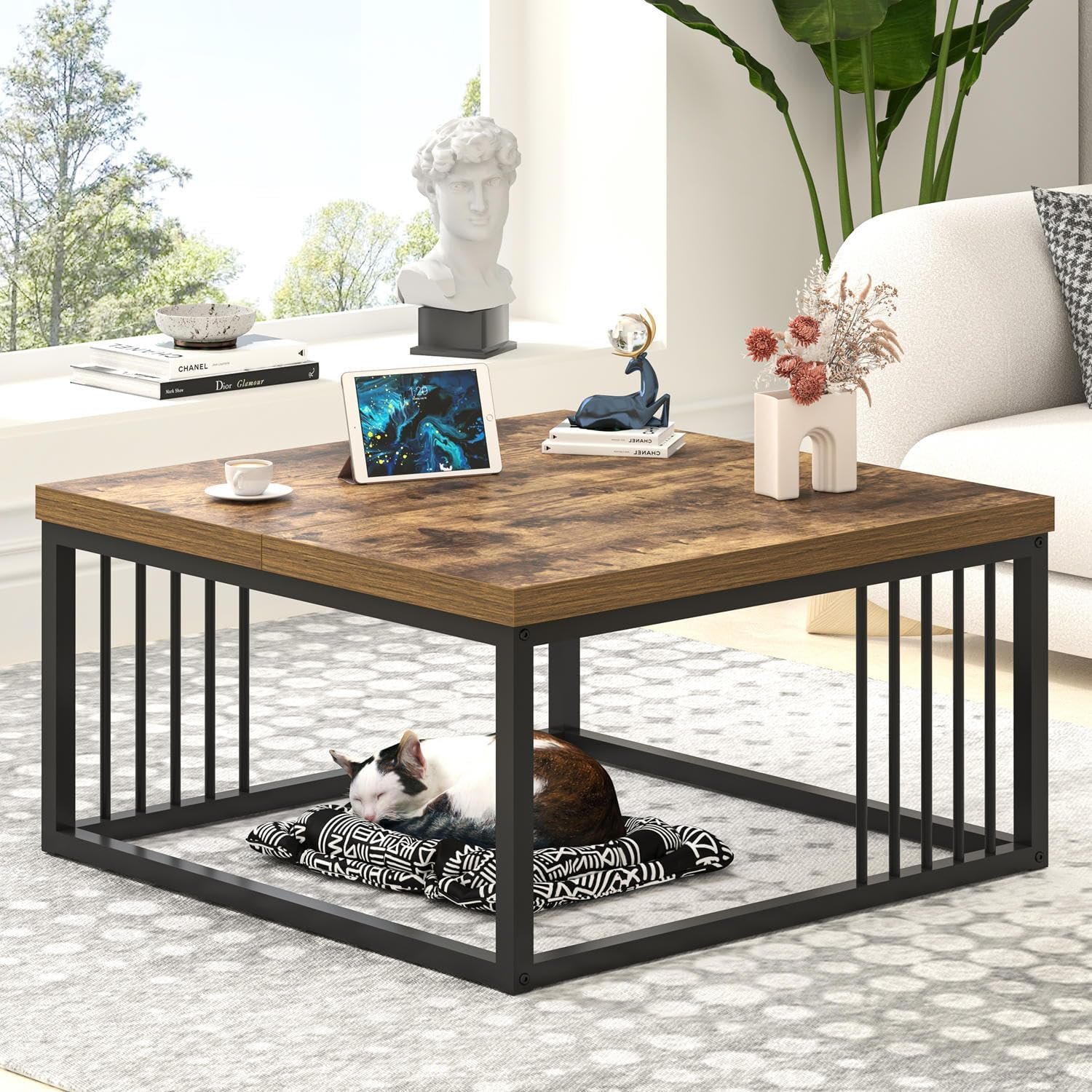 817y2deZJLL._SL1500_ Coffee Table, Modern Square Center Table for Living Room, Industrial Rustic Wood and Metal Cocktail Tea Table, Rustic Brown, (75x75x45 cm) - Image 1