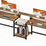 Dual Workstation Office Desk with Monitor Shelf | Rustic Brown Wooden Computer Table with Black Matte Metal Frame | Large Home Office & Study Desk | Work from Home Table for 2 | 250x50x 87 cm