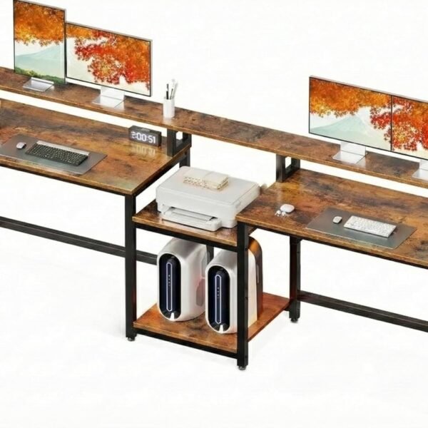 Dual Workstation Office Desk with Monitor Shelf | Rustic Brown Wooden Computer Table with Black Matte Metal Frame | Large Home Office & Study Desk | Work from Home Table for 2 | 250x50x 87 cm