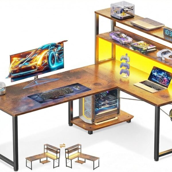 Reversible L Shaped Computer Table with Storage Shelves | Rustic Brown Wooden Study Desk with Black Matte Metal Frame | Home Office Workstation | Writing Desk for Laptop & PC| 130x50x150 cm