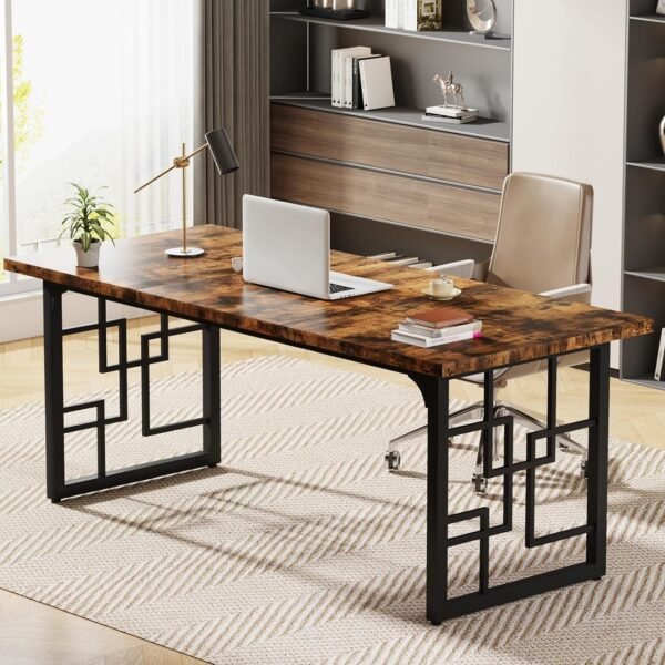 Conference Table for Office & Meeting Room | Executive Boardroom Table | Industrial Style Rustic Brown Top & Black Metal Legs | Computer Desk/Study Table | 160×80×75 cm