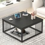 Coffee Table, Modern Square Center Table for Living Room, Industrial Rustic Wood and Metal Cocktail Tea Table, Black, (75x75x45 cm)