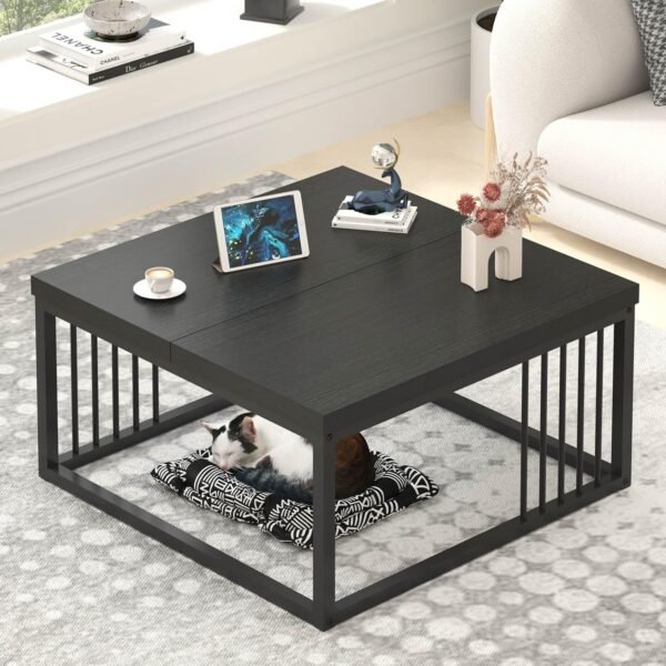 Coffee Table, Modern Square Center Table for Living Room, Industrial Rustic Wood and Metal Cocktail Tea Table, Black, (75x75x45 cm)