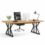 Executive Computer Work Desk | Wooden Office Table for Home, Office, Workstation, Study | Strong Metal Frame Computer Table (Walnut Cream)