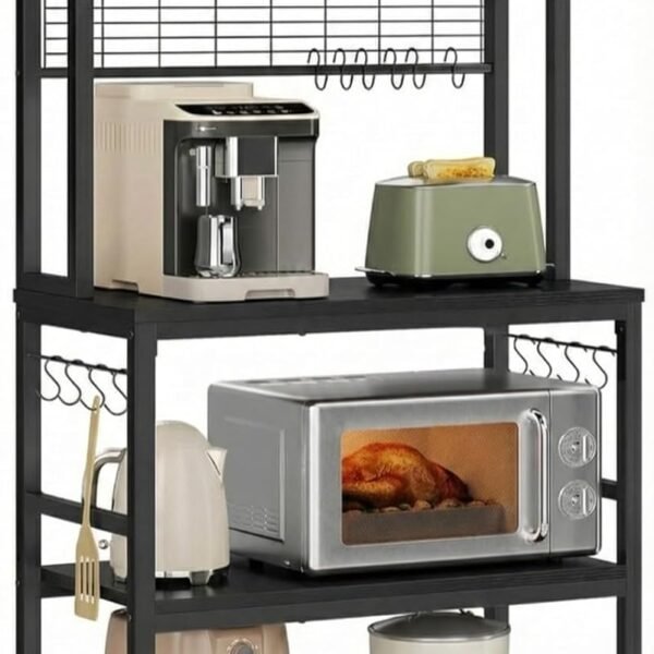 5-Tier Kitchen Organizer Rack|Multipurpose Microwave Stand for Kitchen Platform & OTG Oven|Steel Utensils Storage Shelf with Hooks|Engineered Wood & Metal Rack for Home (80x40x170 cm) (Black)