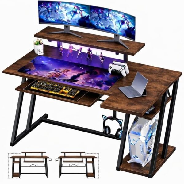 Gaming Desk with Monitor Stand | Computer Table for Home & Office | Ergonomic Study Table with Keyboard Tray CPU Stand & Headphone Hook (Brown) |120x60x90 cm
