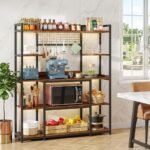DESKIZIA 5 Tier Kitchen Storage Rack Stand with Hutch & Hooks | Microwave Stand with Storage | Kitchen rack stand  for Microwave, Coffee Bar & Kitchen Storage | Rustic Brown | 140 x 40 x 170 cm