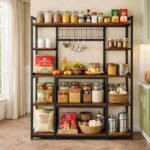 5 Tier Kitchen Storage Rack Stand with Hutch & Hooks | Microwave Stand with Storage | Kitchen Rack Stand for Microwave, Coffee Bar & Kitchen Storage | Rustic Brown | 140 x 40 x 170 cm