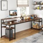 Two Person Office Desk with Monitor Stand | Long Wooden Computer Table with Storage Shelves | Large Workstation for Home Office, Study, Gaming, Writing Table | Rustic Brown | 200x60x90 cm