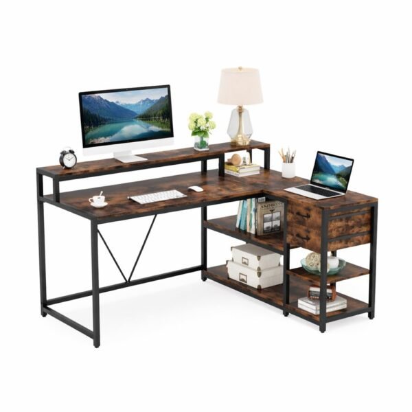 Reversible L Shaped Office Desk with Drawer | Office table with Storage Shelves and Monitor Stand|Wooden Workstation For Home & Office, Writing, Study Table|Black Metal Legs|Rustic Brown|140x60x87 cm