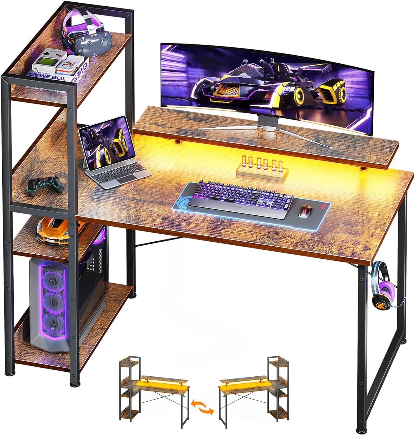 81nBv9iAhDL DESKIZIA Gaming Desk with Shelves | Reversible Computer Desk with Monitor Stand | Wooden Study Table for Home Office & Gaming pc Setup | Writing Table with Storage | 100x50x120 cm - Image 1